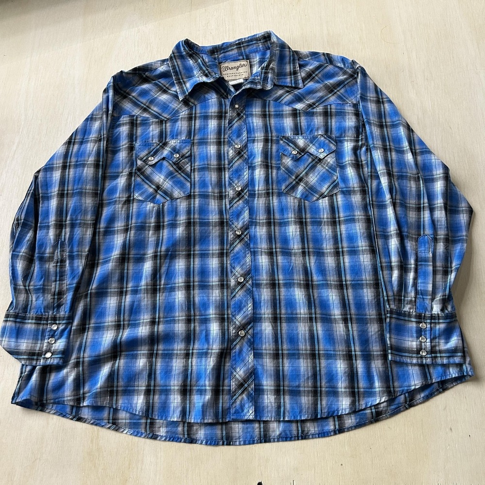 Wrangler Shirt Mens 3XL Blue Plaid Long Sleeve Western Pearl Snap Big & Tall